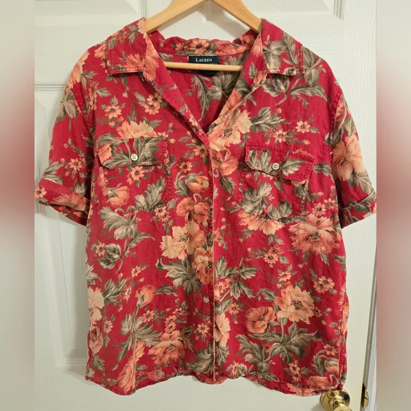 Lauren Ralph Lauren Red And Pink Floral Linen Casual Button Front Shirt Size 2X - Picture 1 of 6